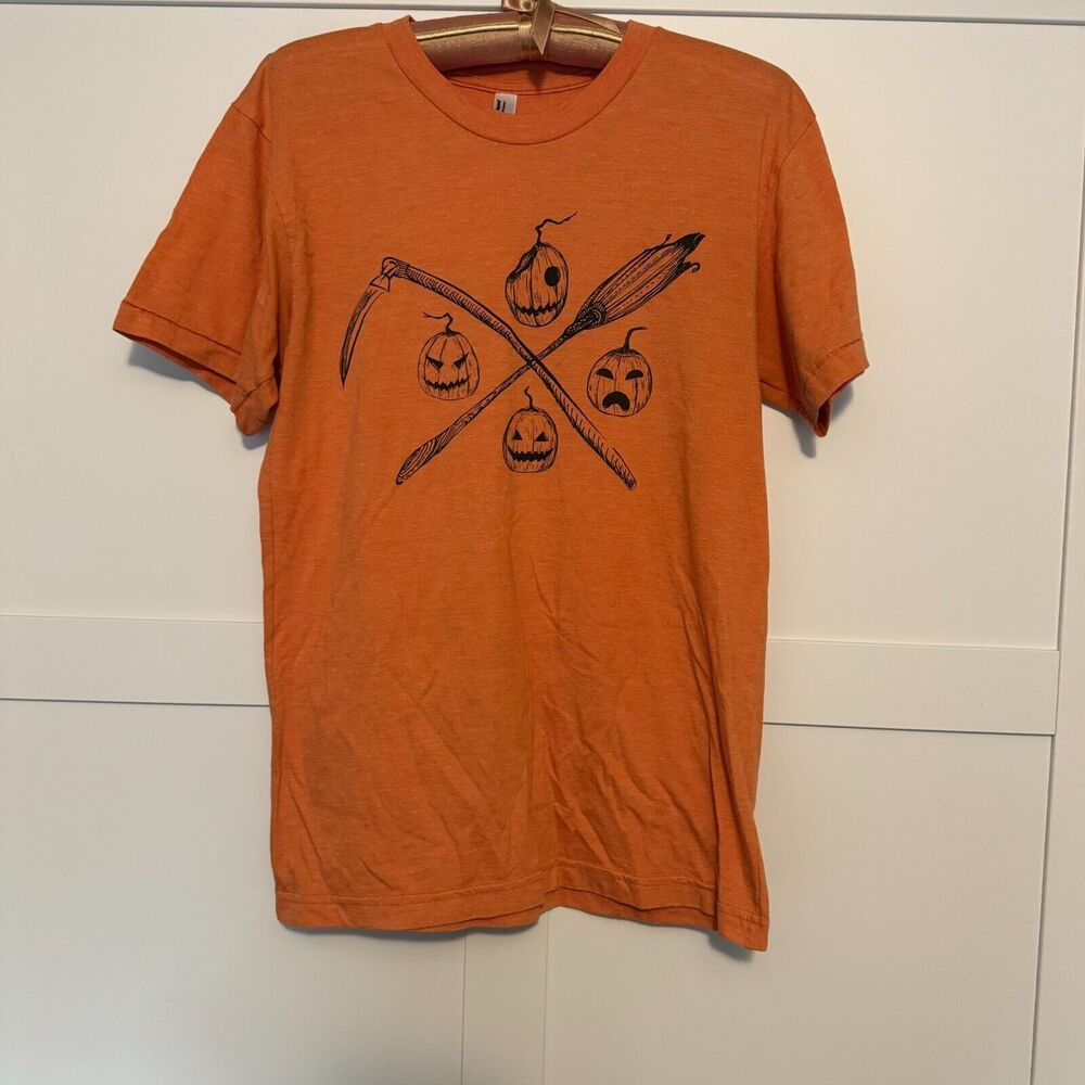 Halloween Shirt American Apparel Orange Sythe Broom Jack O Lanterns Pumpkins SM